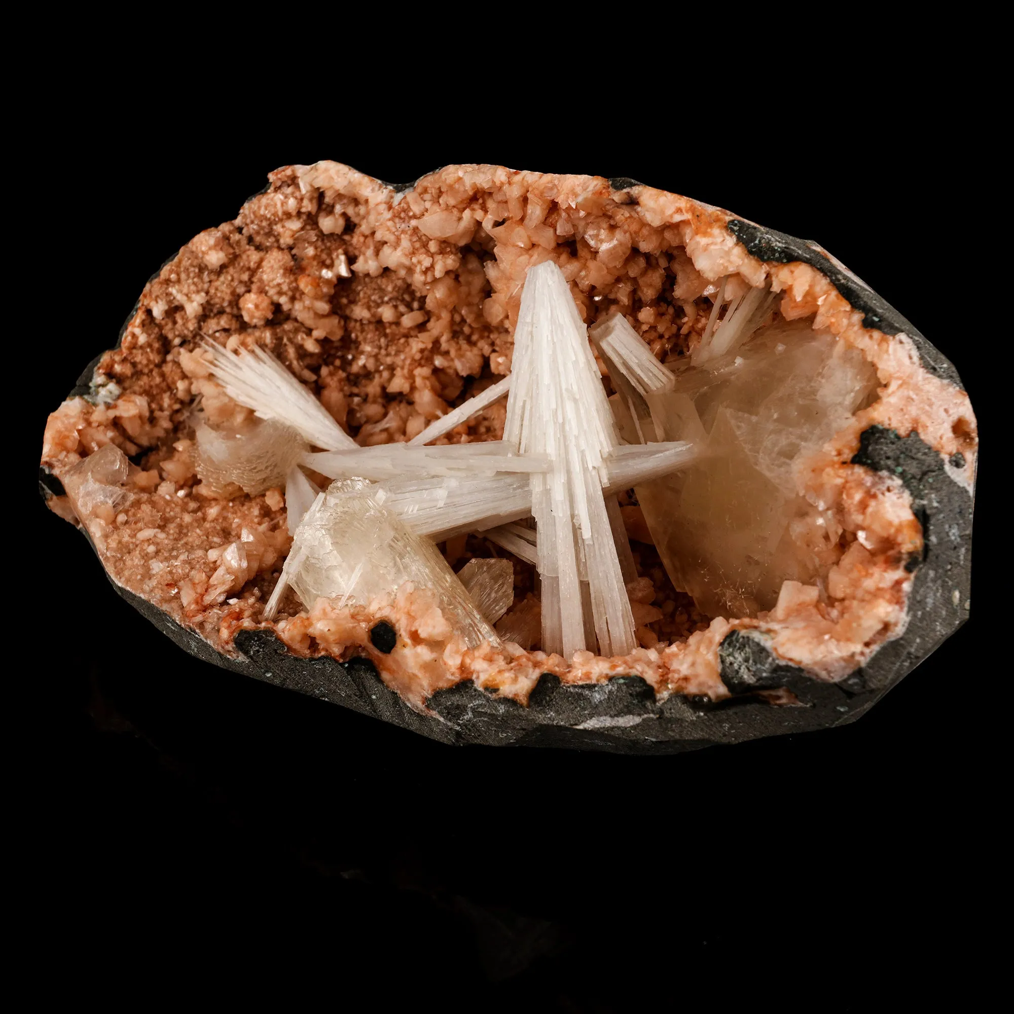 Scolecite Sprays with Calcite Inside Heulandite Geode Natural Mineral Specimen - image 3
