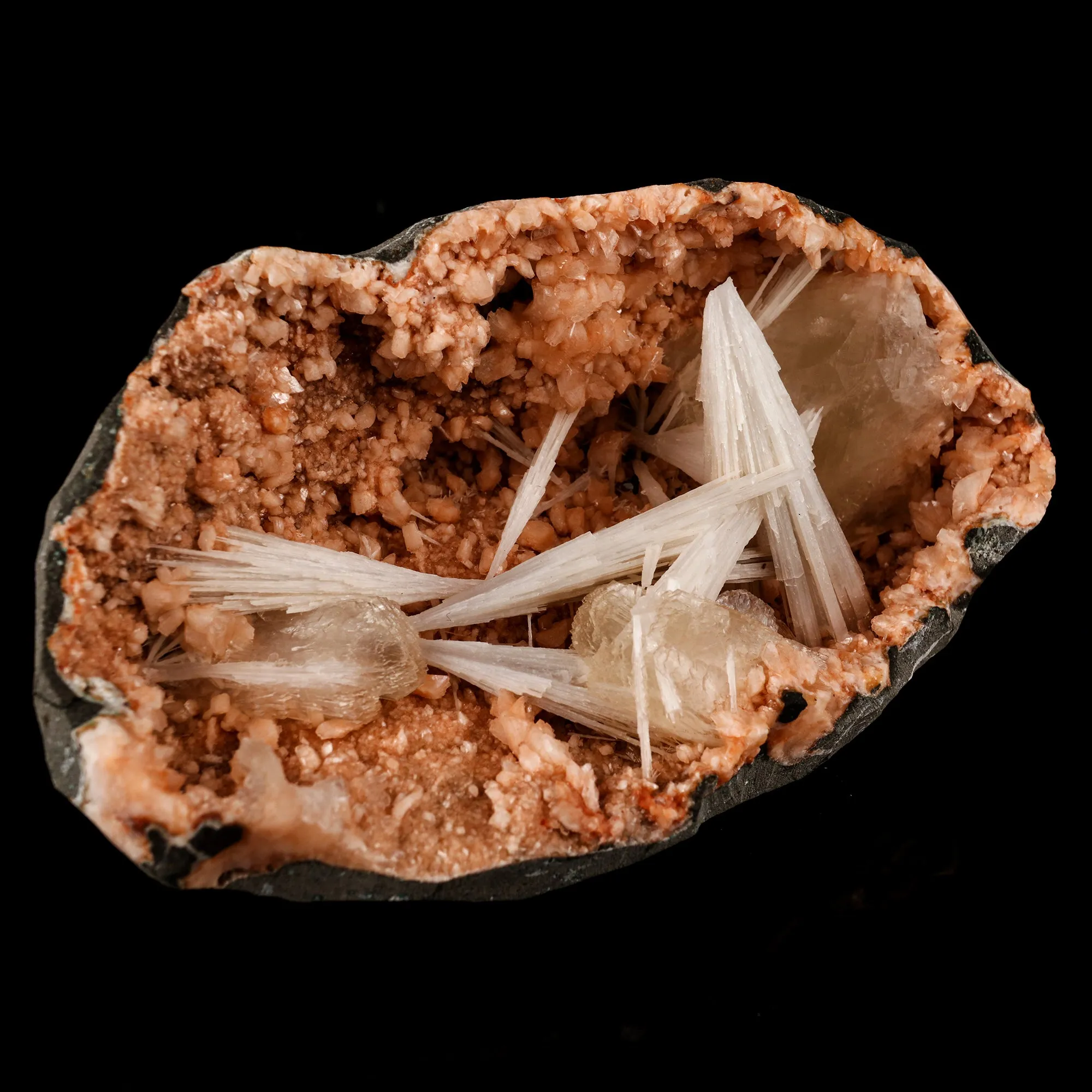 Scolecite Sprays with Calcite Inside Heulandite Geode Natural Mineral Specimen - image 2