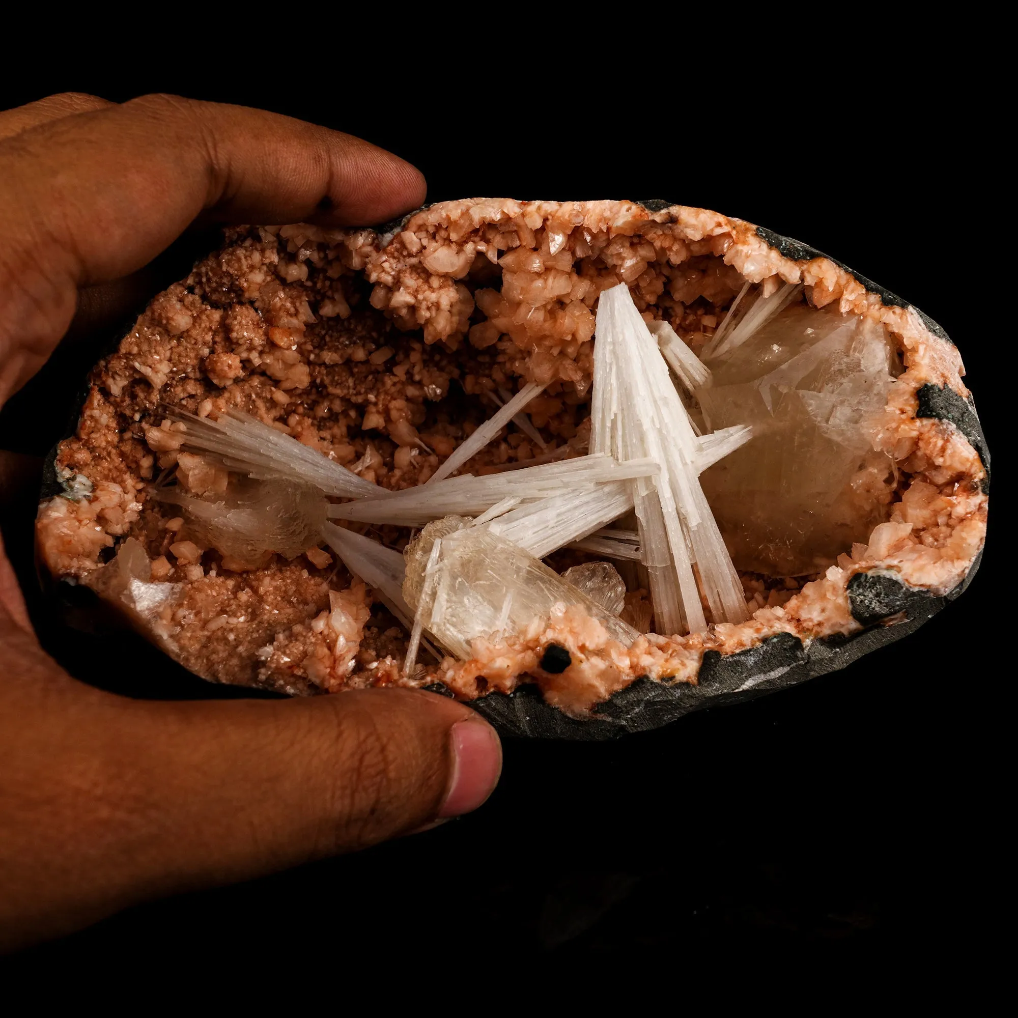 Scolecite Sprays with Calcite Inside Heulandite Geode Natural Mineral Specimen - image 4