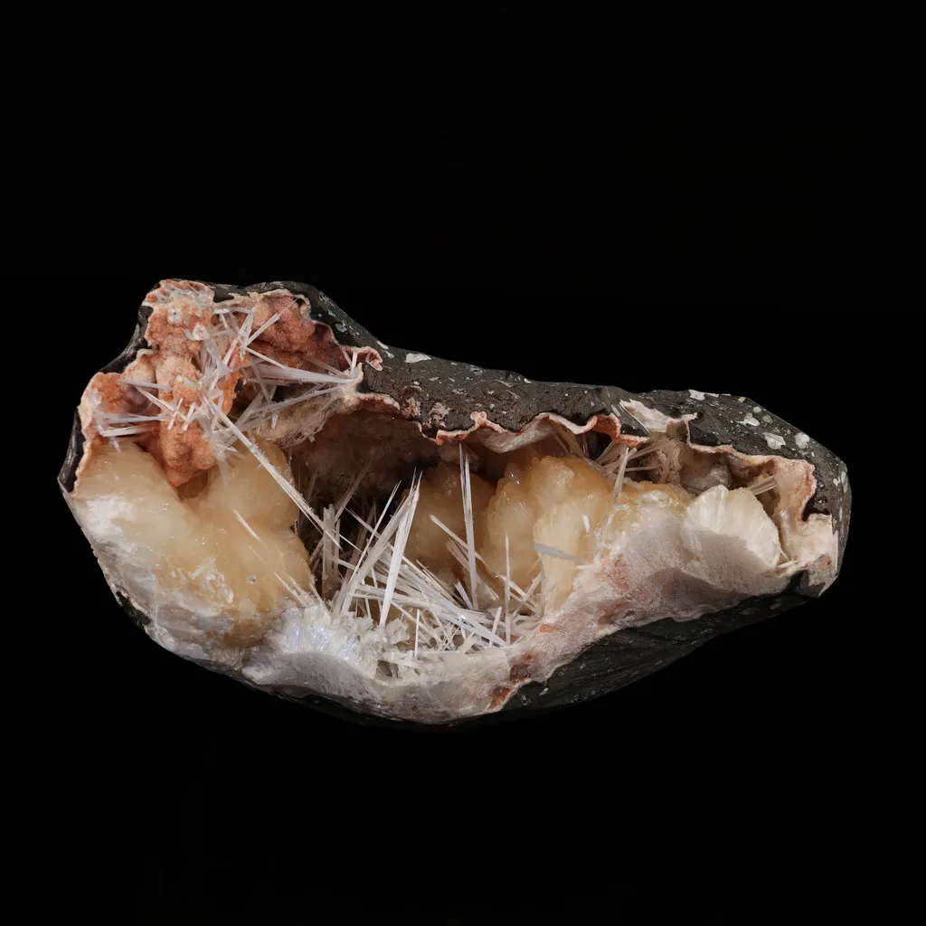 Scolecite Sprays with stilbite Inside Heulandite Geode Natural Mineral Specimen image
