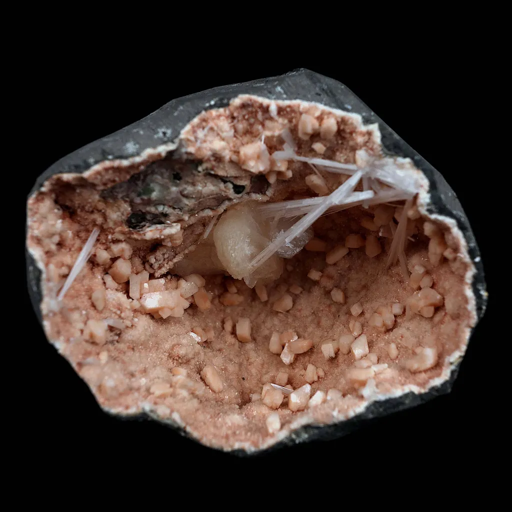 Scolecite Sprays with Stilbite Inside Heulandite Geode Natural Mineral Specimen - image 5