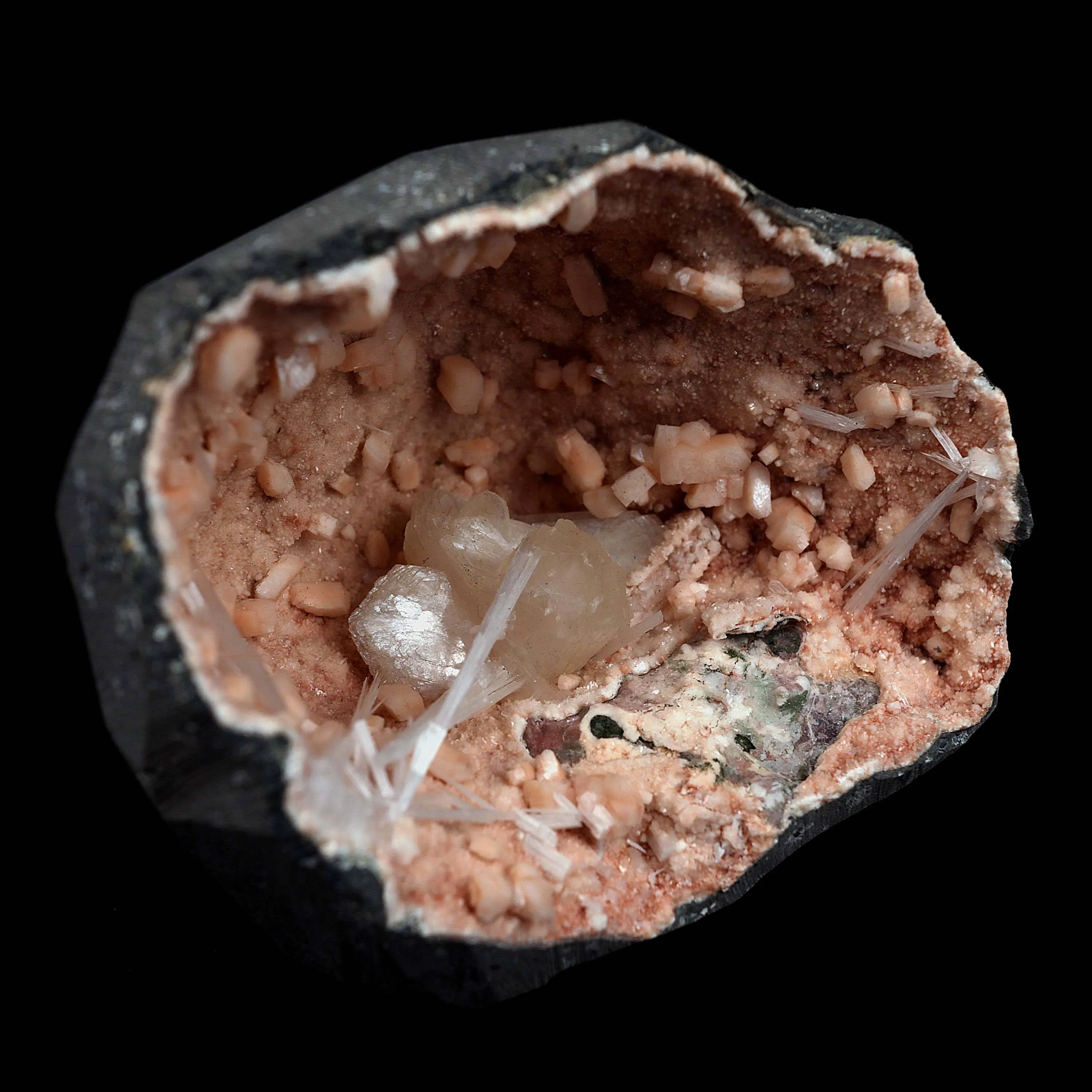 Scolecite Sprays with Stilbite Inside Heulandite Geode Natural Mineral Specimen - image 2