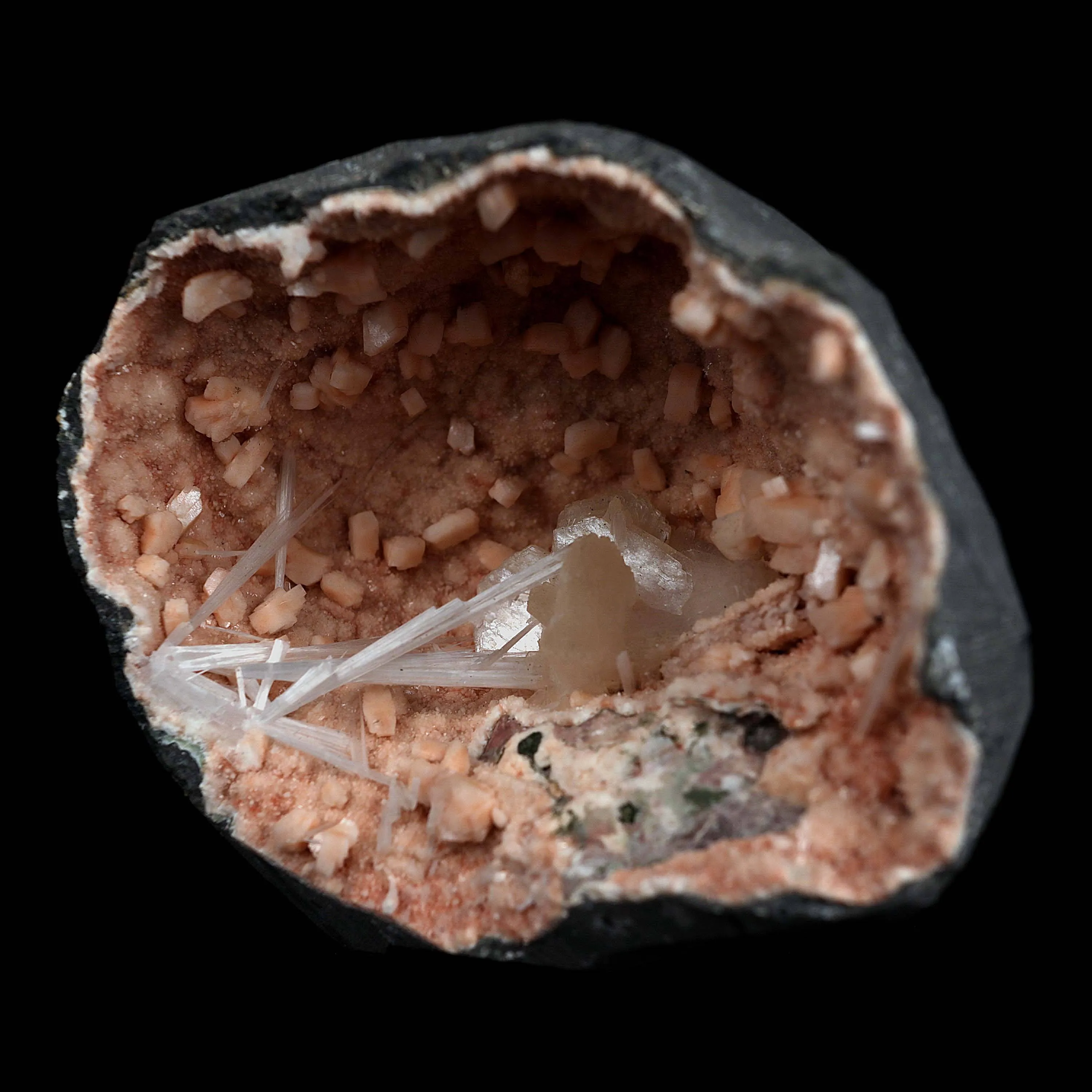 Scolecite Sprays with Stilbite Inside Heulandite Geode Natural Mineral Specimen - image 3