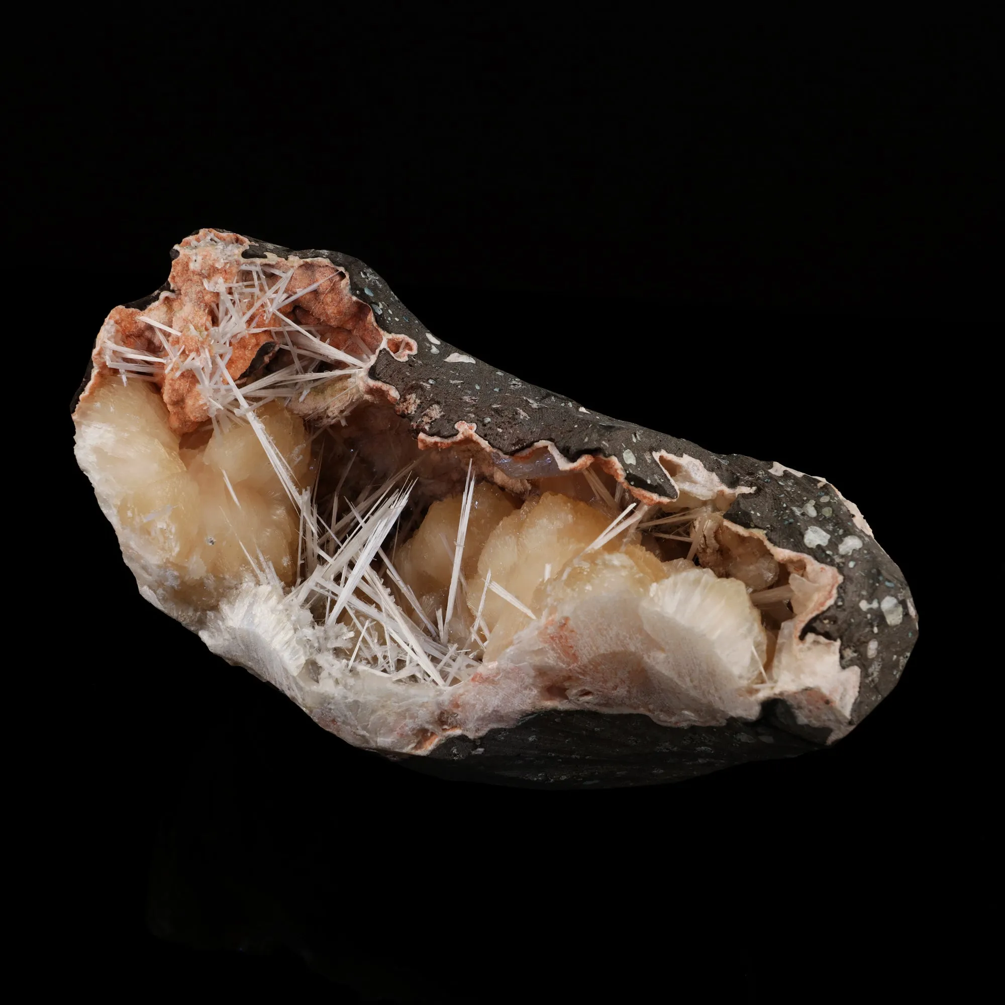 Scolecite Sprays with stilbite Inside Heulandite Geode Natural Mineral Specimen - image 3