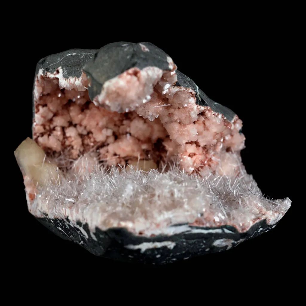 Scolecite Sprays with Stilbite Inside Heulandite Geode Natural Mineral Specimen image