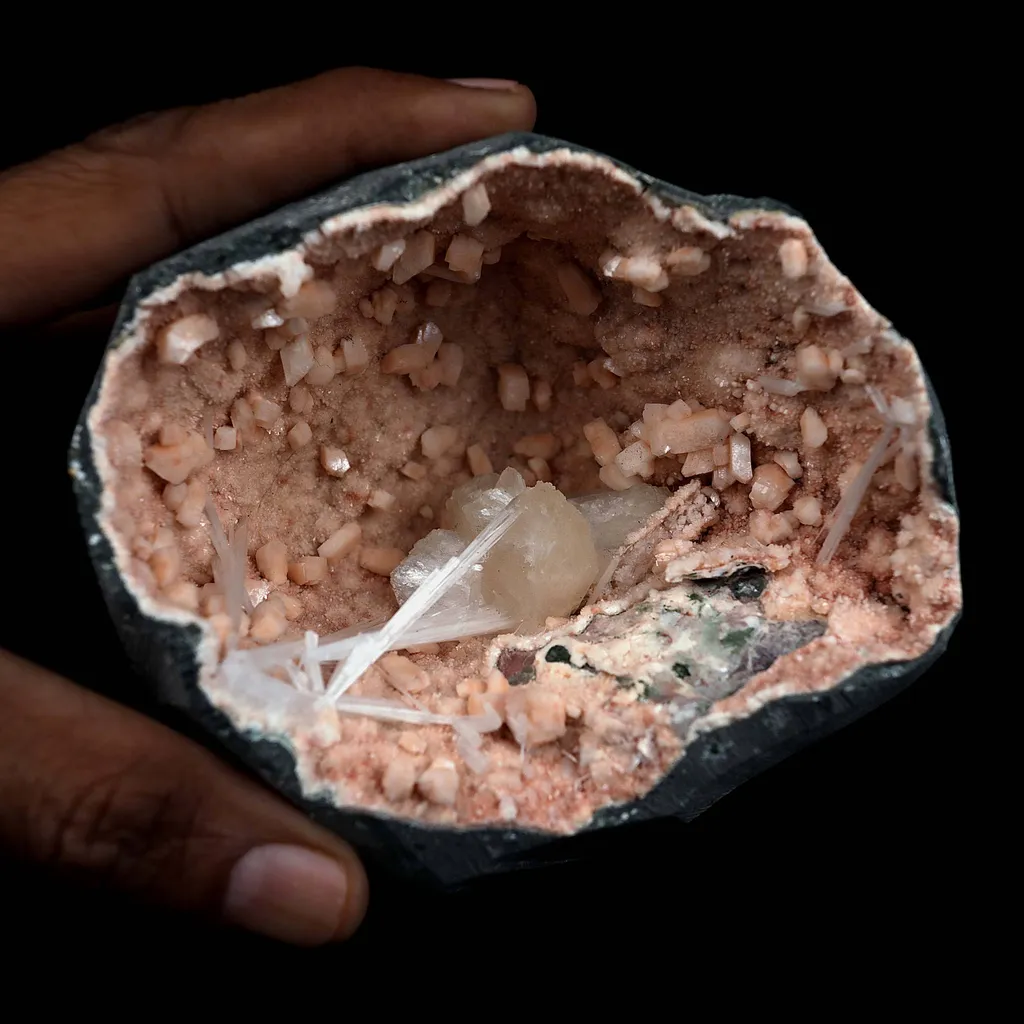 Scolecite Sprays with Stilbite Inside Heulandite Geode Natural Mineral Specimen - image 4