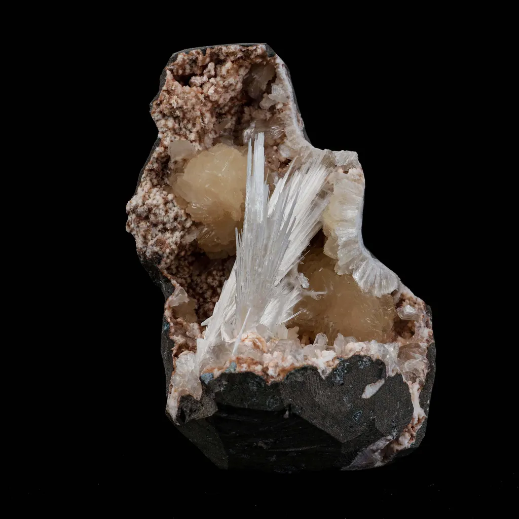 Scolecite Sprays with Stilbite Inside Heulandite Geode Natural Mineral Specimen image