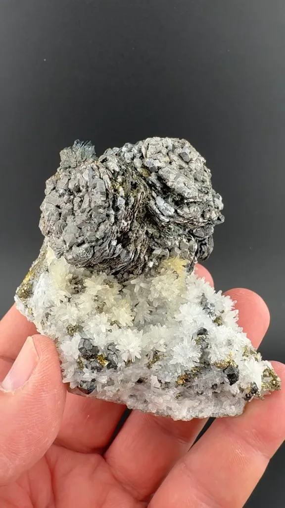Semseyite with Galena on Pyrite after Pyrrhotite, Quartz image