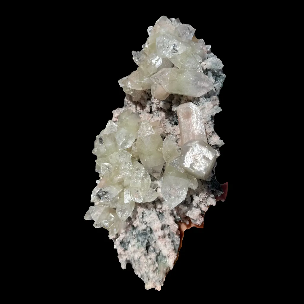 Sharply Terminated Green Apophyllite with Stilbite on Pink Chalcedony Matrix – Zeolite Mineral Specimen from Jalgaon - image 7
