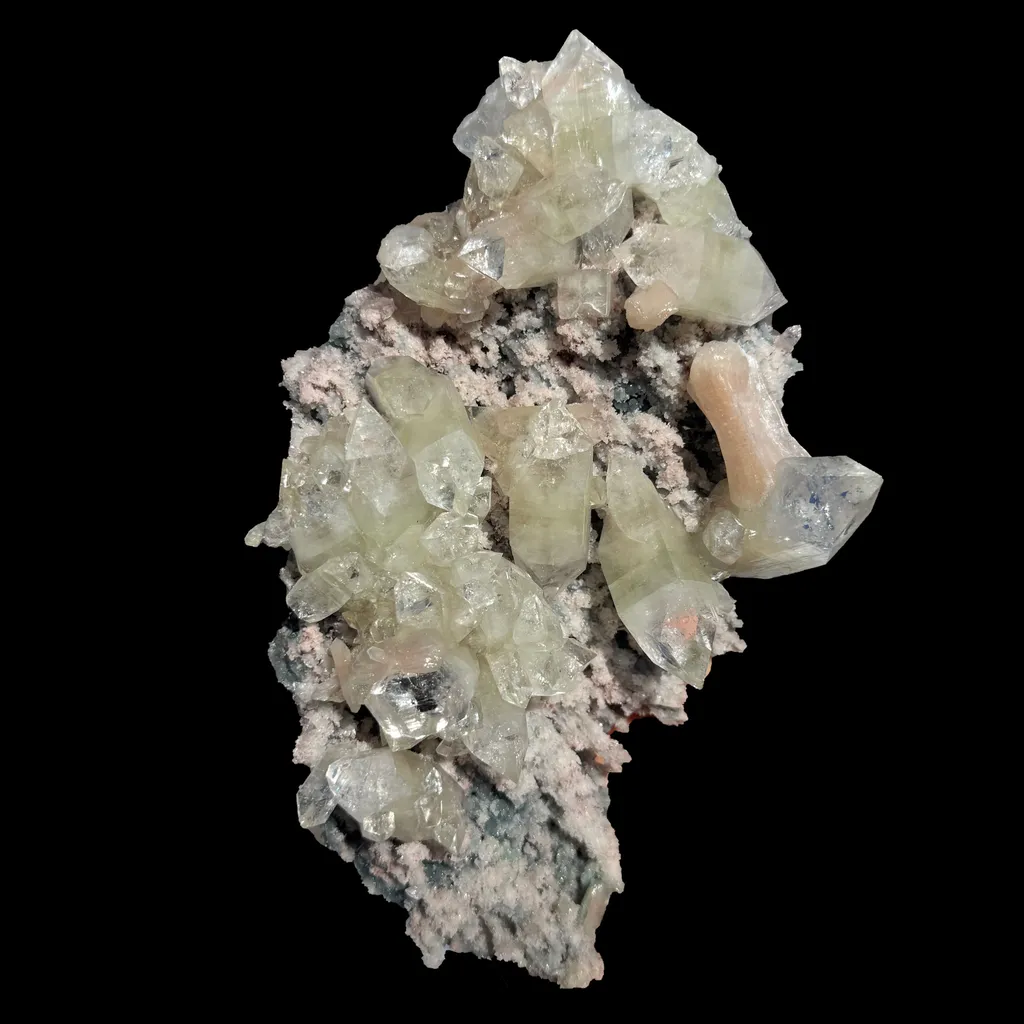 Sharply Terminated Green Apophyllite with Stilbite on Pink Chalcedony Matrix – Zeolite Mineral Specimen from Jalgaon - image 2