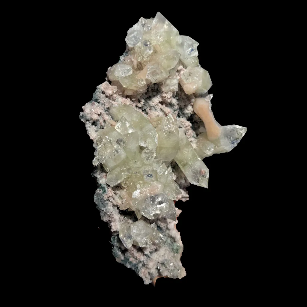 Sharply Terminated Green Apophyllite with Stilbite on Pink Chalcedony Matrix – Zeolite Mineral Specimen from Jalgaon image