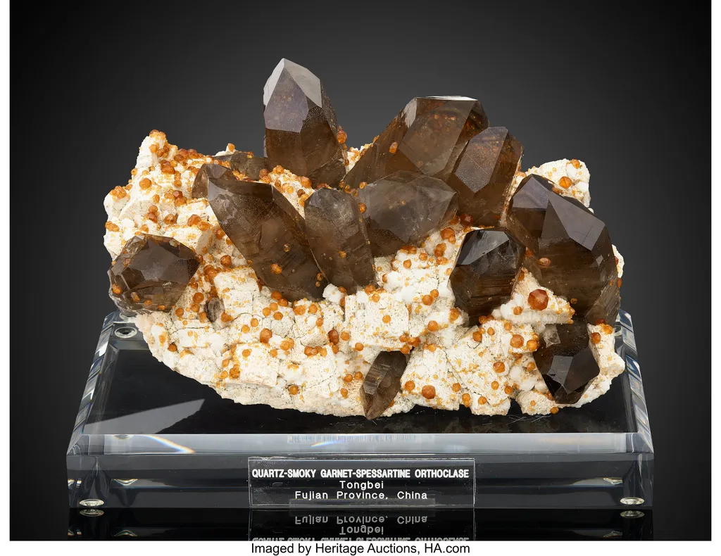Smoky Quartz and Garnet (Spessartine) on Orthoclase image