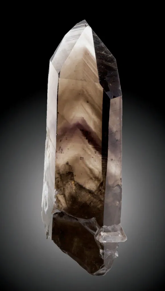 Smoky Quartz crystal, Amethyst, filamentous colorless phantoms of a mineral not yet identified image