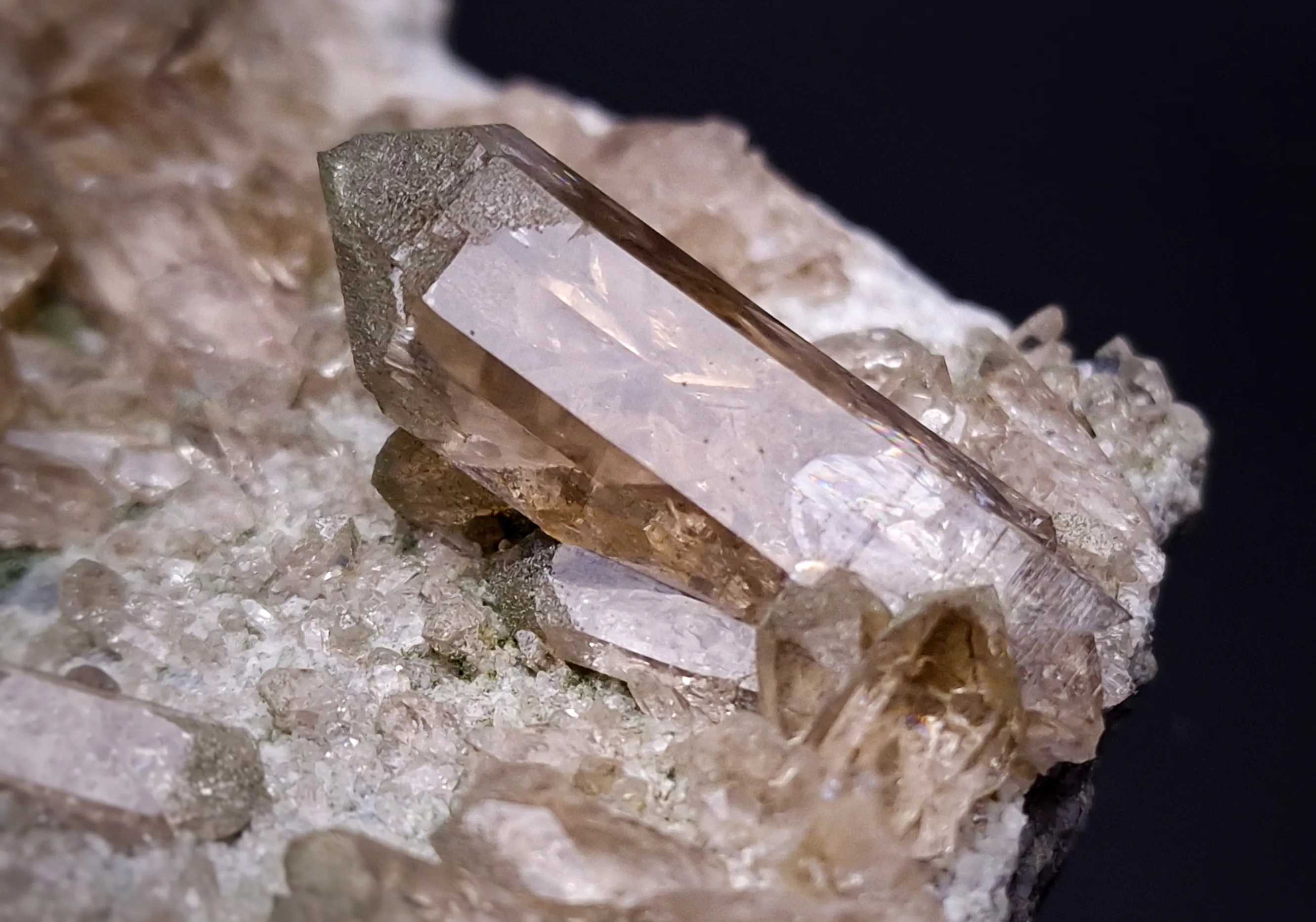 Smoky quartz on matrix with partial chlorite coating on the crystals - image 2