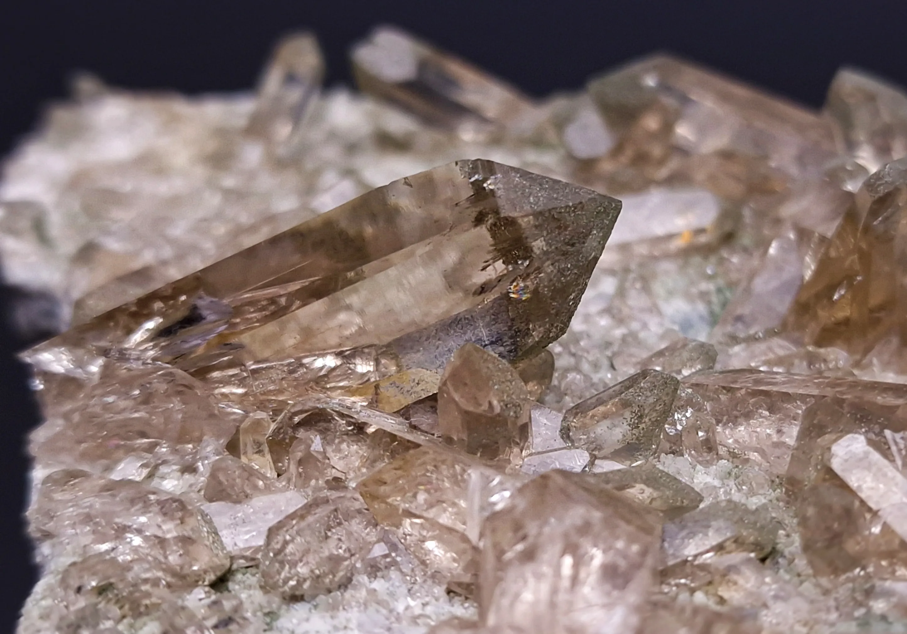 Smoky quartz on matrix with partial chlorite coating on the crystals - image 3