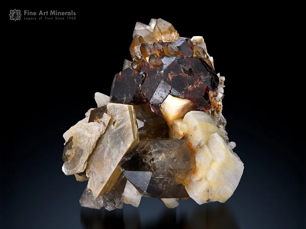 Smoky Quartz with Spessartine and Muscovite on Albite image
