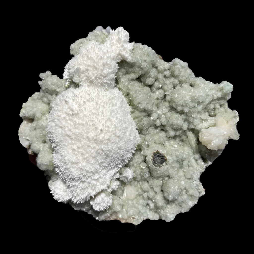 Snowy White Mordenite Puff on Sparkling Greenish Calcite Cluster Matrix – Rare Indian Zeolite Mineral Specimen - image 4
