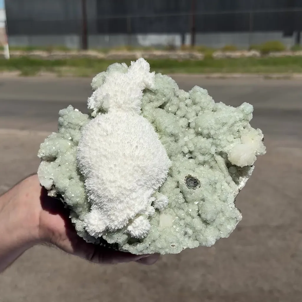 Snowy White Mordenite Puff on Sparkling Greenish Calcite Cluster Matrix – Rare Indian Zeolite Mineral Specimen - image 2