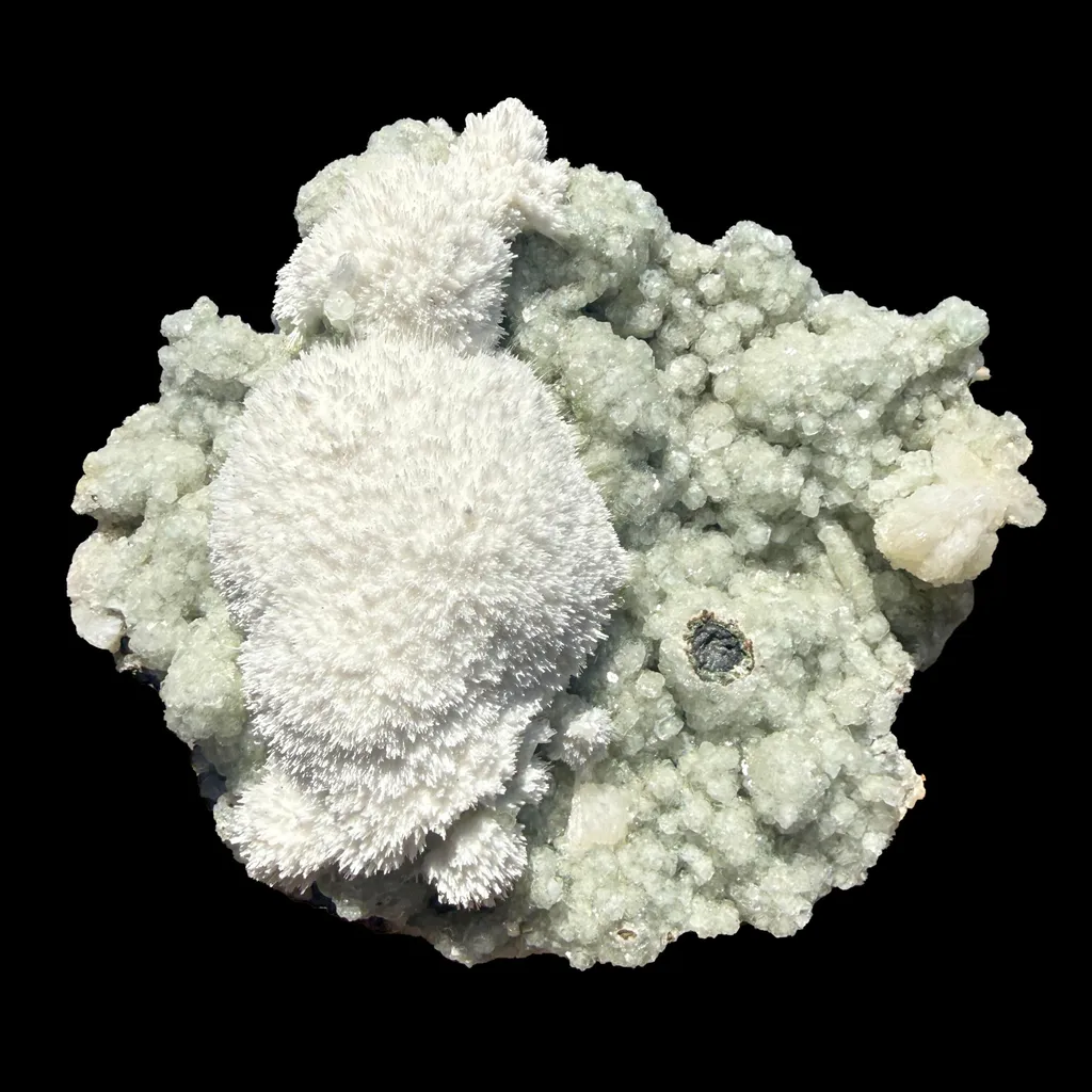 Snowy White Mordenite Puff on Sparkling Greenish Calcite Cluster Matrix – Rare Indian Zeolite Mineral Specimen image