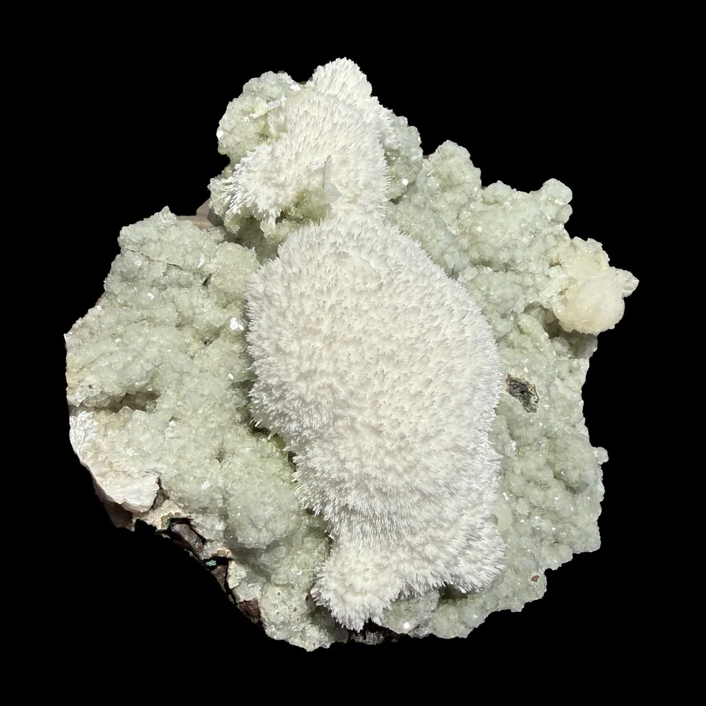 Snowy White Mordenite Puff on Sparkling Greenish Calcite Cluster Matrix – Rare Indian Zeolite Mineral Specimen - image 3
