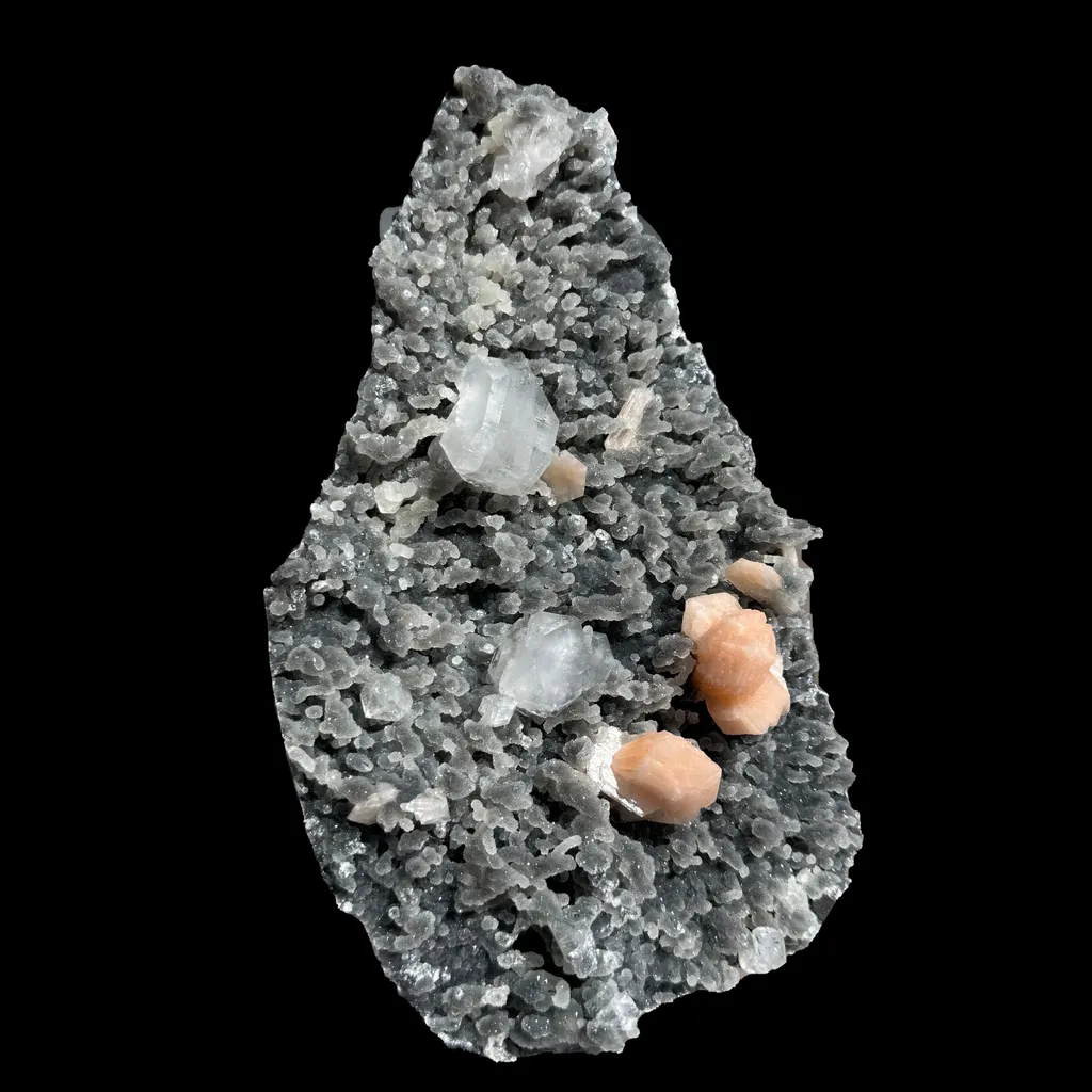 Sparkling Black Chalcedony Plate with Stilbite & Cubic Apophyllite – Rare Cabinet Mineral Specimen from Nashik - image 4
