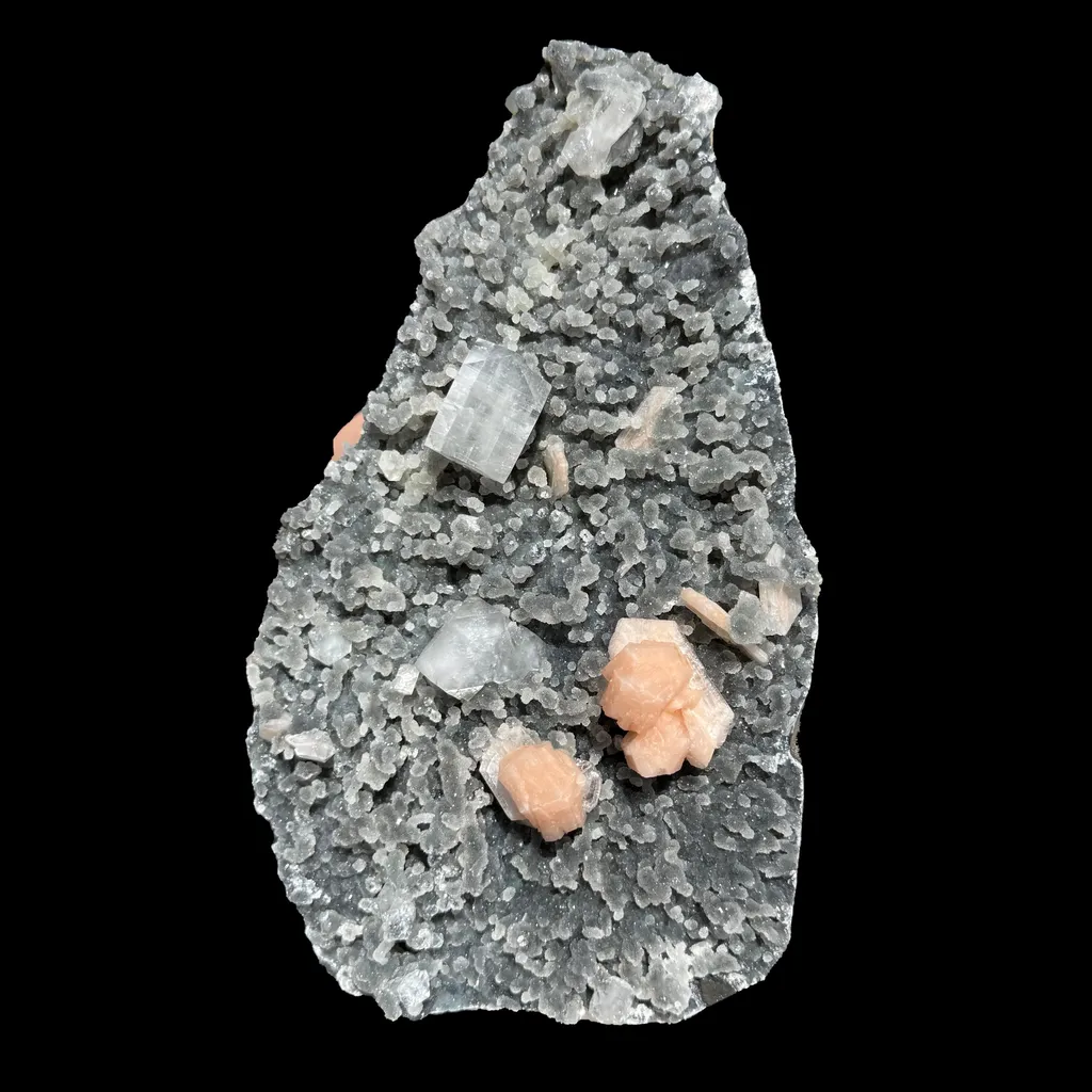 Sparkling Black Chalcedony Plate with Stilbite & Cubic Apophyllite – Rare Cabinet Mineral Specimen from Nashik image