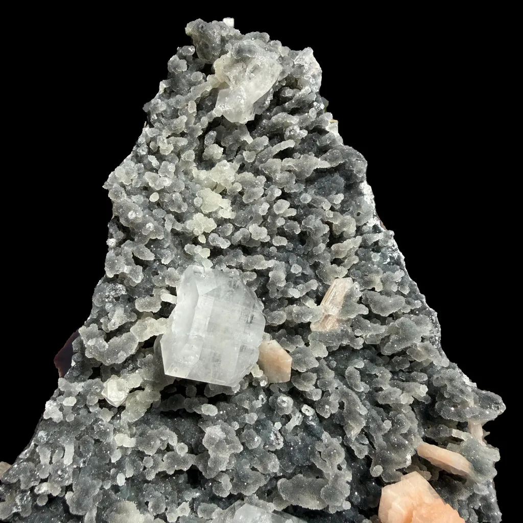 Sparkling Black Chalcedony Plate with Stilbite & Cubic Apophyllite – Rare Cabinet Mineral Specimen from Nashik - image 6