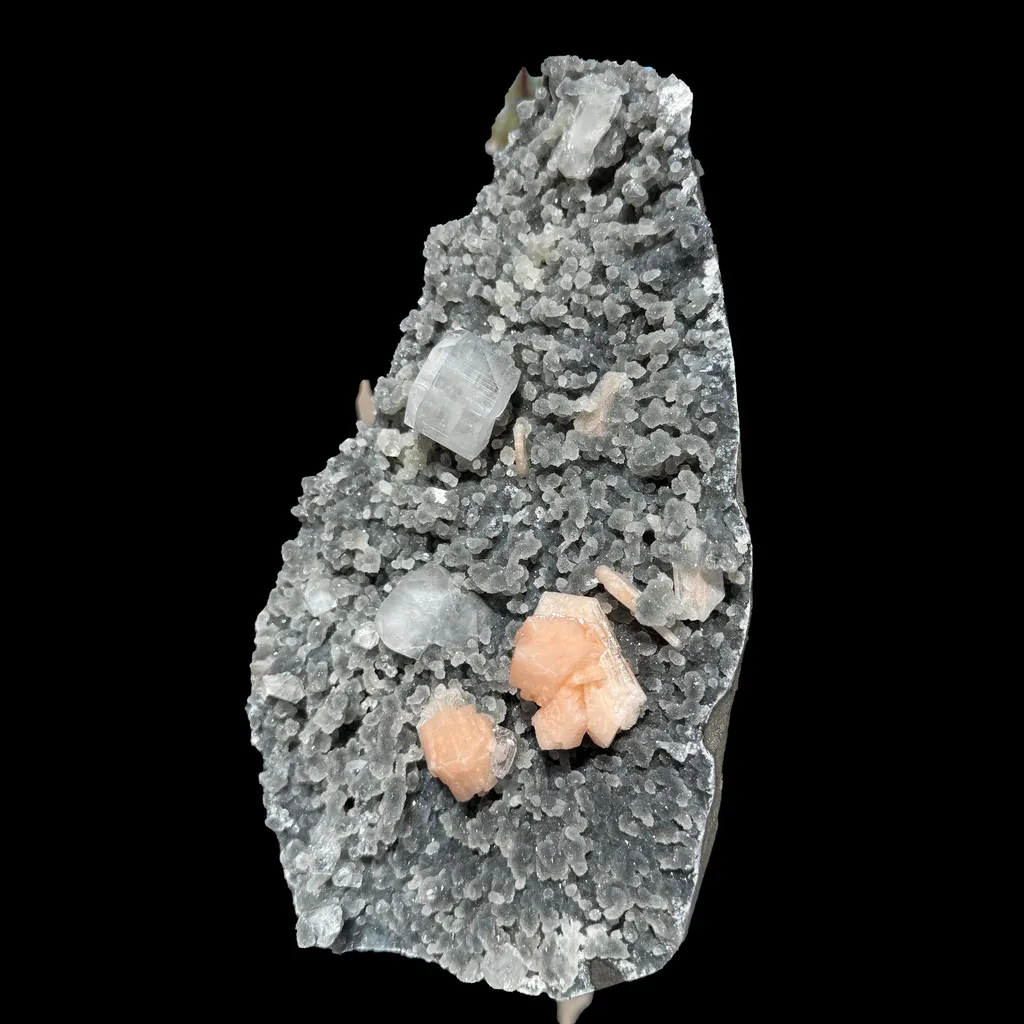 Sparkling Black Chalcedony Plate with Stilbite & Cubic Apophyllite – Rare Cabinet Mineral Specimen from Nashik - image 3