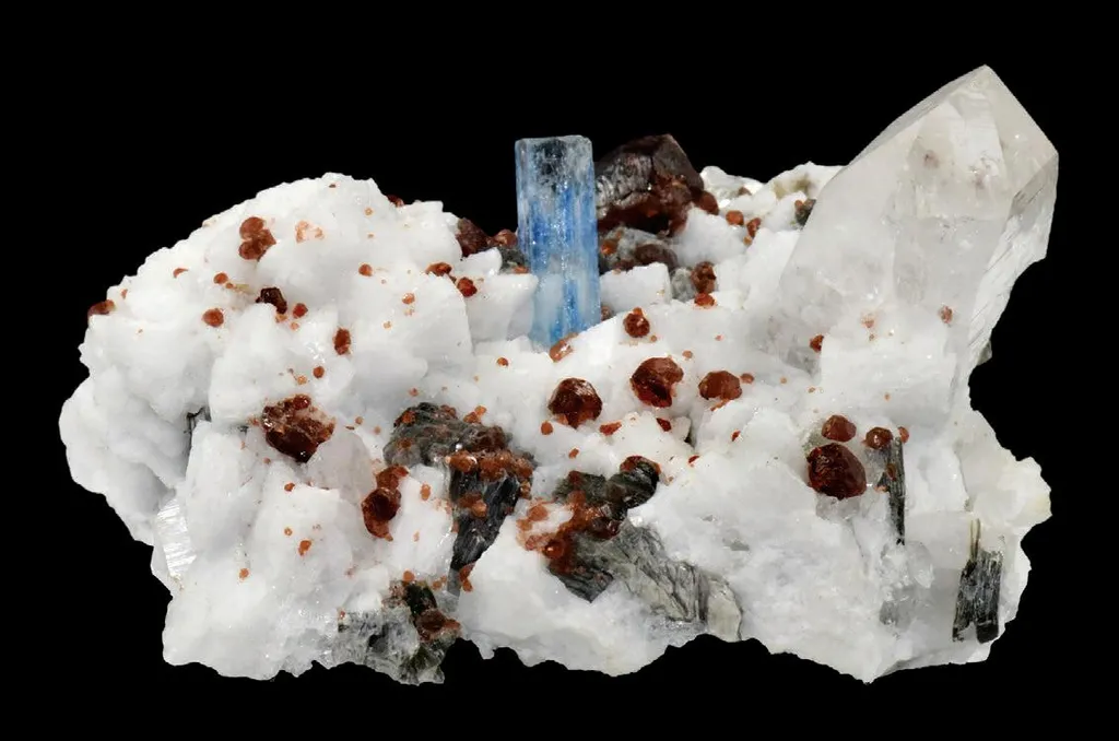 Spessartine, Aquamarine, Quartz on Feldspar image