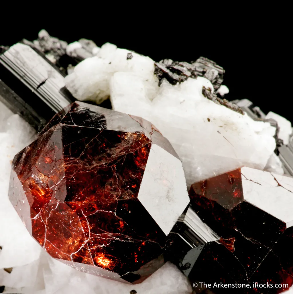 Spessartine Garnet and Schorl on Albite image