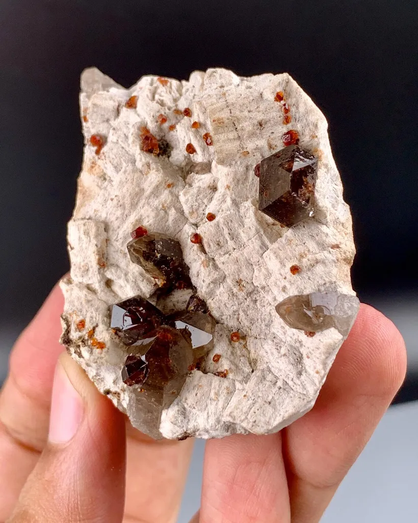 Spessartine Garnet in Smoky Quartz on Albite Matrix from China, Fujian - image 8