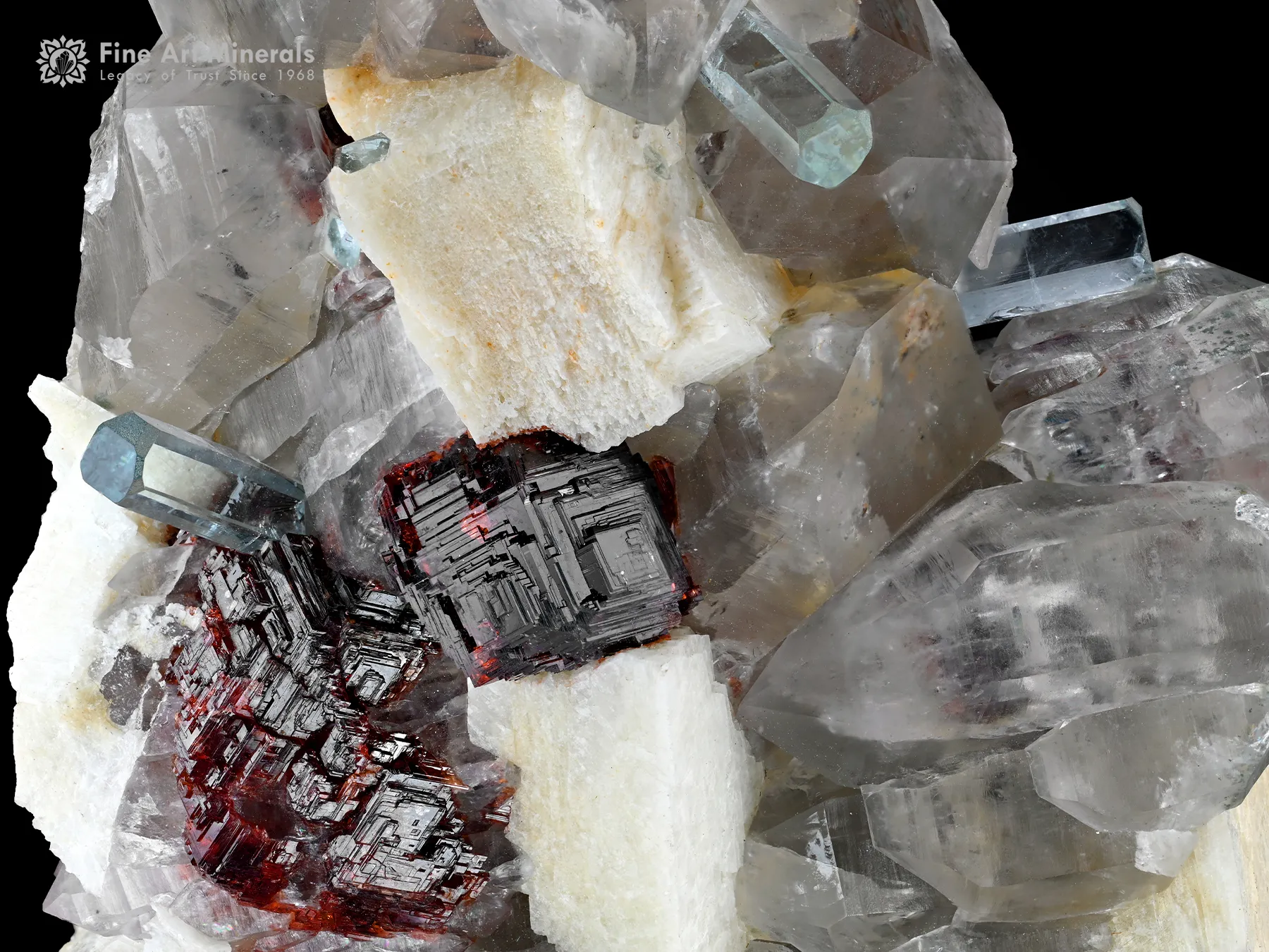 Spessartine Garnet with Aquamarine and Quartz on Feldspar - image 3