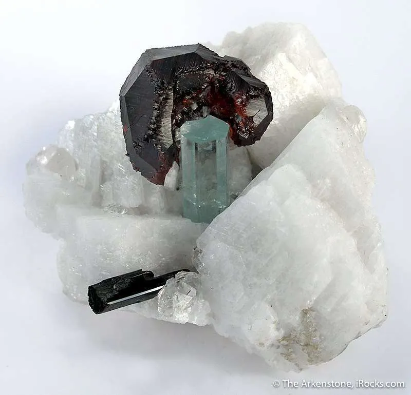 Spessartine Hat on Aquamarine on Albite image