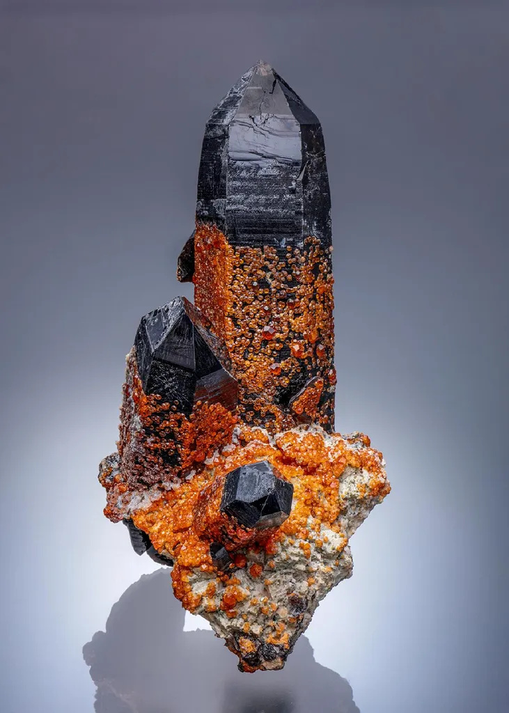 Spessartine on Smoky Quartz on Feldspar image