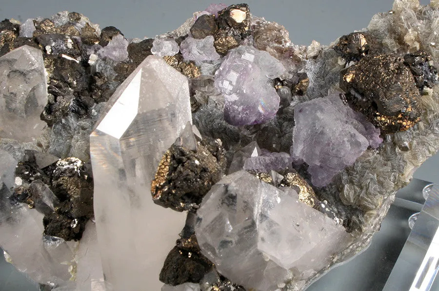 Stannite, Quartz & Fluorite on Muscovite - image 3