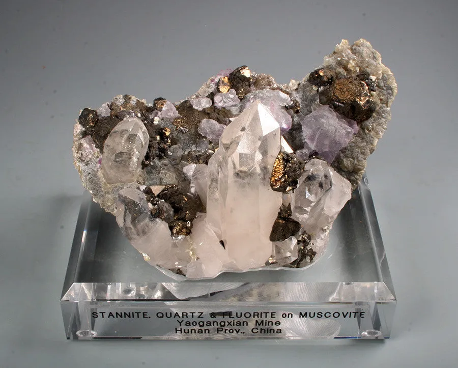Stannite, Quartz & Fluorite on Muscovite image