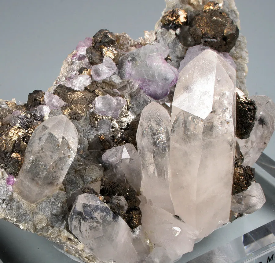 Stannite, Quartz & Fluorite on Muscovite - image 2