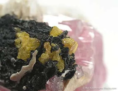 Stibiotantalite (Yellow) on Tapiolite With Quartz, Tourmaline and Albite - image 2
