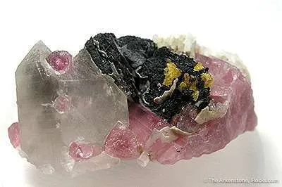 Stibiotantalite (Yellow) on Tapiolite With Quartz, Tourmaline and Albite image