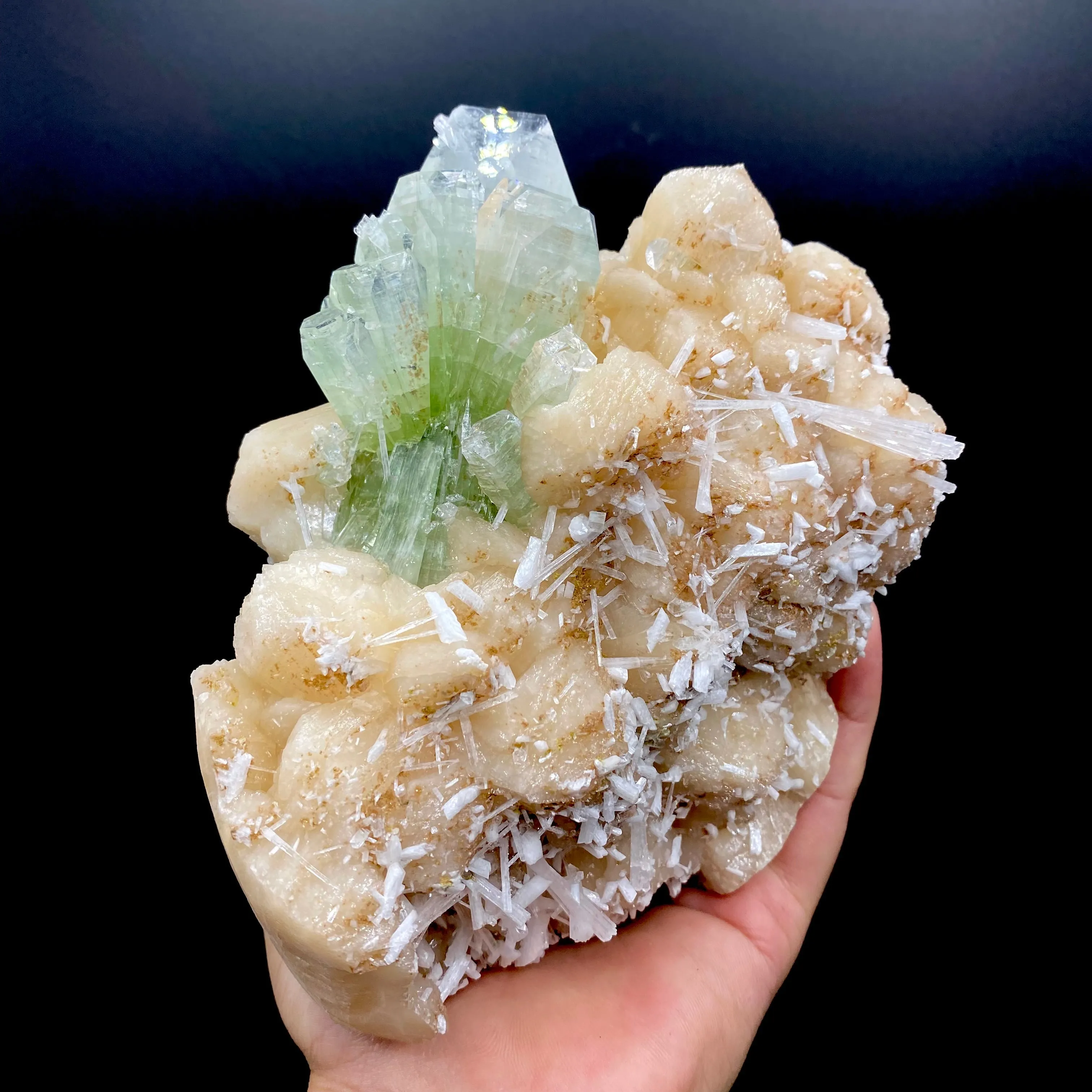 Stunning Huge Deep Green Apophyllite Flower on Snow-White Stilbite Matrix | Large Indian Zeolite Mineral Specimen DK104 - image 2