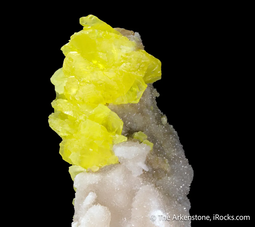 Sulphur (rare sphenoidal habit) on Calcite - image 5
