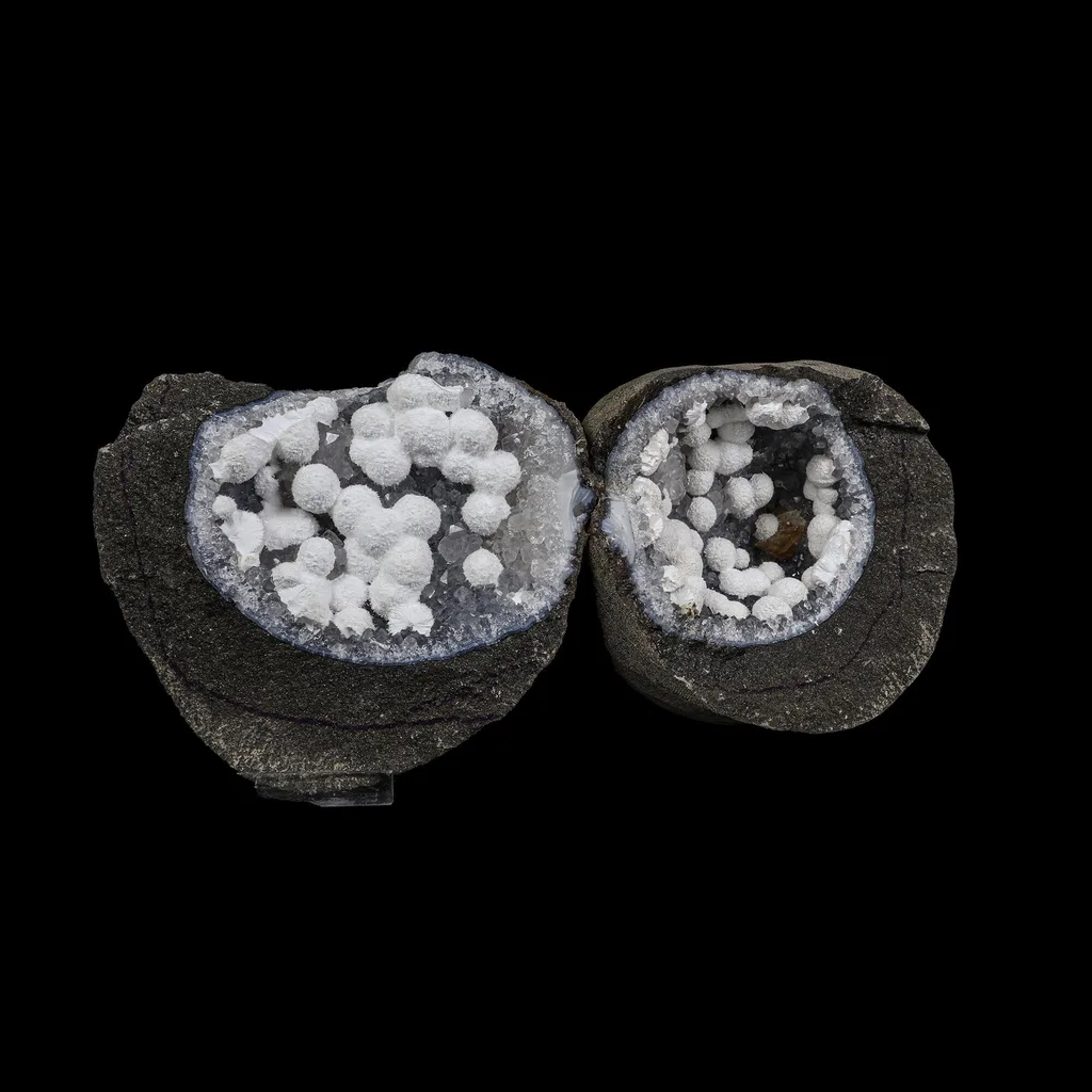 Super Rare Complete Okenite Geode Pair on Micro-Quartz Matrix – Cotton-Ball Okenite Puffballs , India - image 3