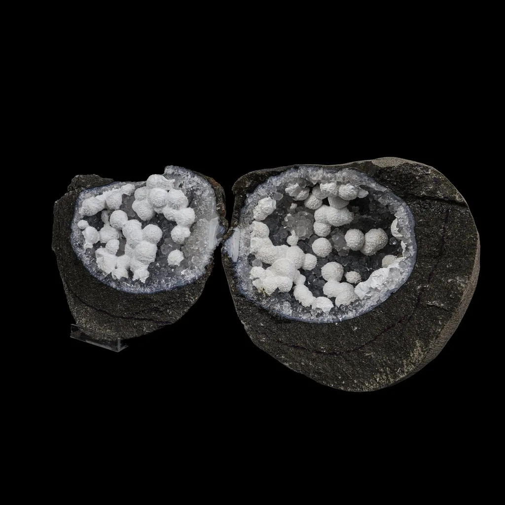 Super Rare Complete Okenite Geode Pair on Micro-Quartz Matrix – Cotton-Ball Okenite Puffballs , India - image 2