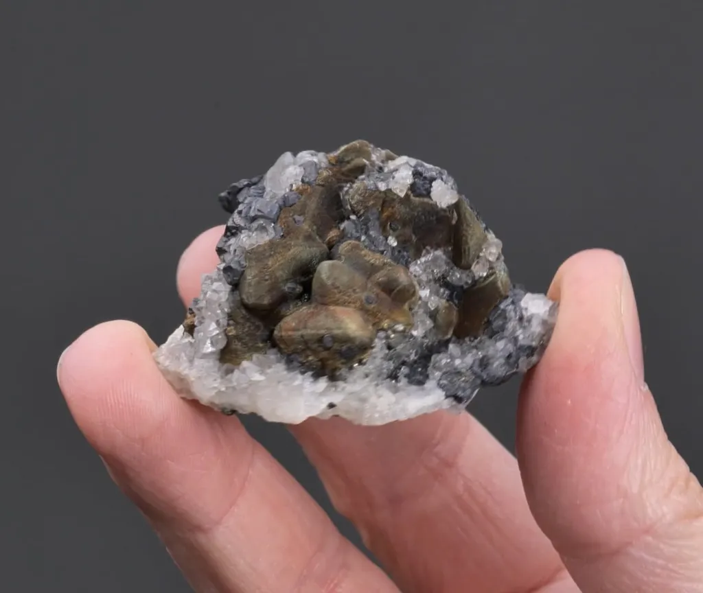 Tetrahedrite coated with Chalcopyrite on Quartz with Galena - image 2