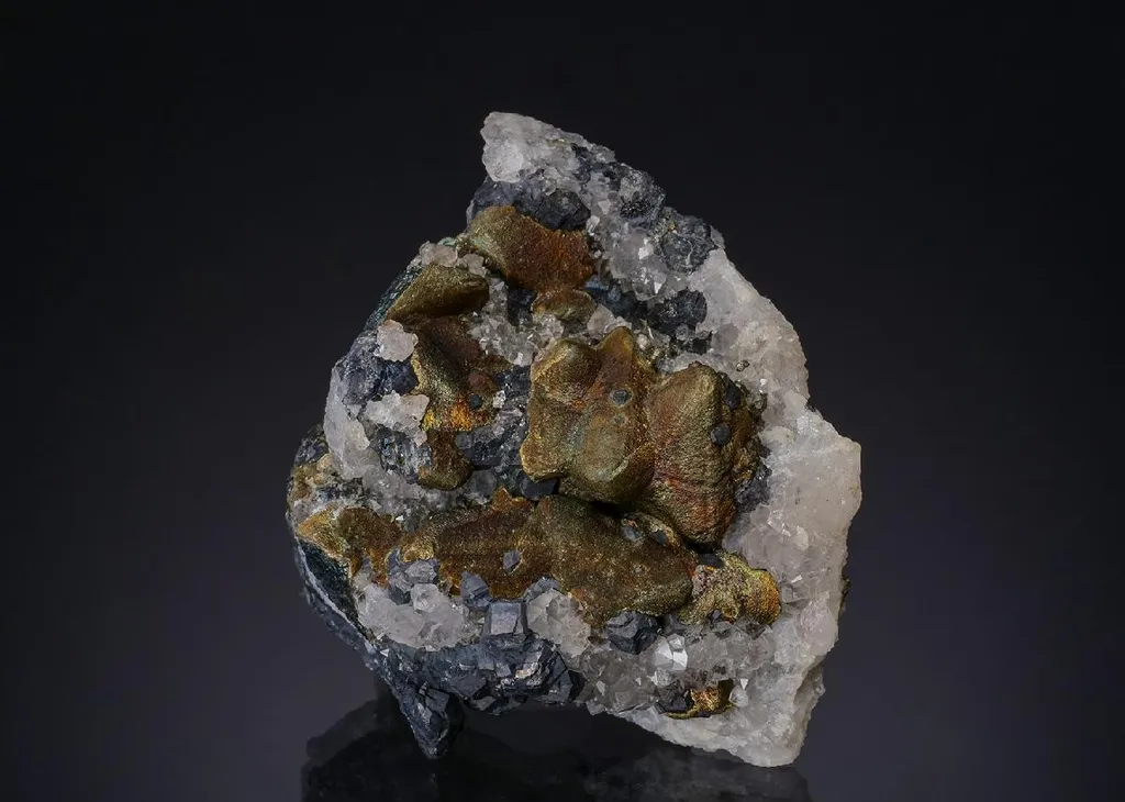 Tetrahedrite coated with Chalcopyrite on Quartz with Galena image