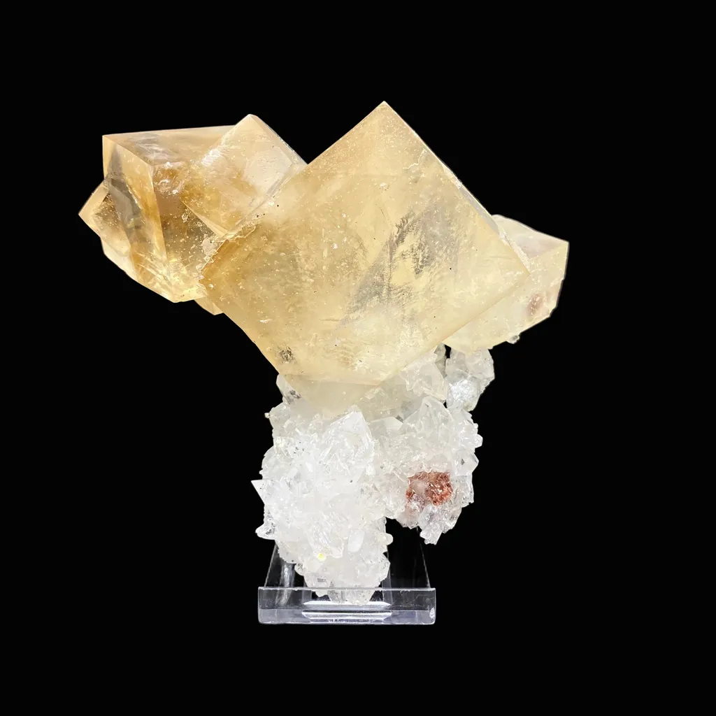 Top Collector Conjoined Gemmy Calcite Crystals on Clear Apophyllite – Jalgaon, India Natural Zeolite Specimen DK83 image