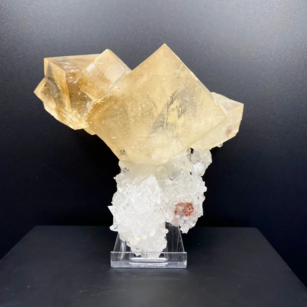 Top Collector Conjoined Gemmy Calcite Crystals on Clear Apophyllite – Jalgaon, India Natural Zeolite Specimen DK83 image