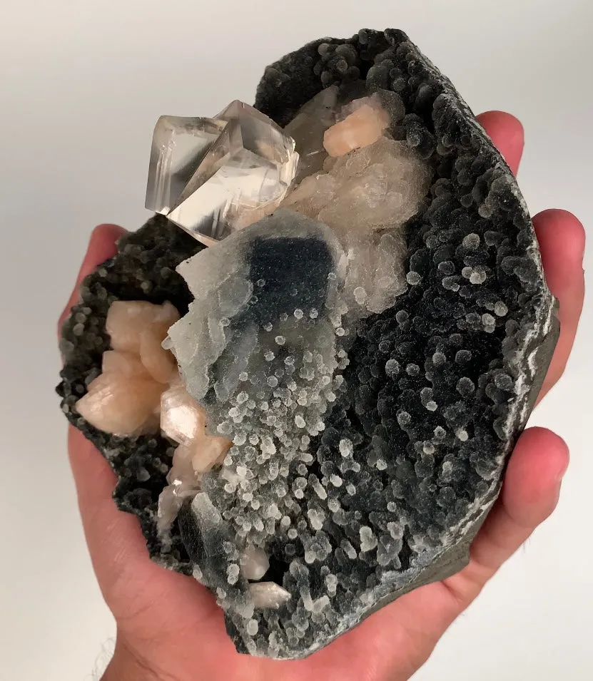 Top-Notch Gemmy Champagne Calcite with Stilbite on Black Chalcedony | Indian Zeolite Specimen – Jalgaon DK86 - image 4