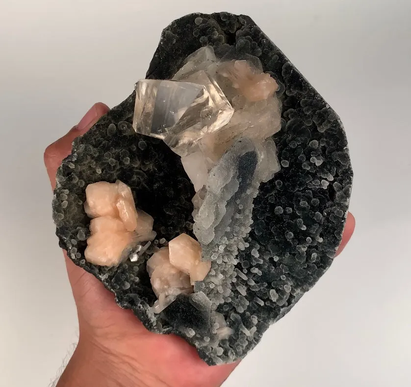 Top-Notch Gemmy Champagne Calcite with Stilbite on Black Chalcedony | Indian Zeolite Specimen – Jalgaon DK86 - image 5