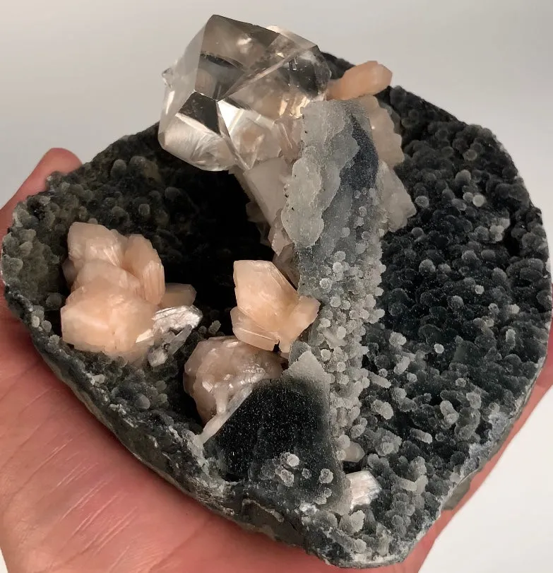 Top-Notch Gemmy Champagne Calcite with Stilbite on Black Chalcedony | Indian Zeolite Specimen – Jalgaon DK86 - image 3
